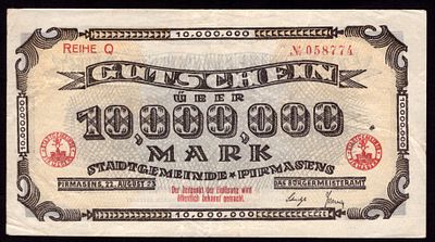 Germany Pirmasens 10,000,000 Mark 1923. Grab-P104; AU