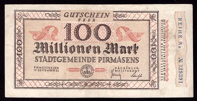 Germany Pirmasens 100,000,000 Mark 1923. Grab-P106; VF