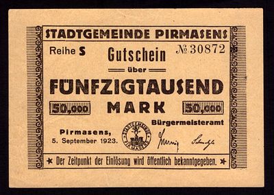Germany Pirmasens 50,000 Mark 1923. Grab-P102; AU