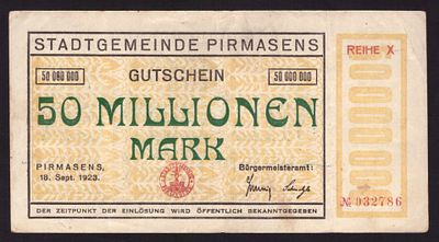 Germany Pirmasens 50,000,000 Mark 1923. Grab-P105; VF