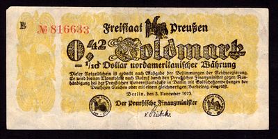 Germany Prussia 0.42 Goldmark = 1/10 Dollar 1923. Grab-PRS-6; VF