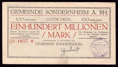 Germany Sondernheim 100,000,000 Mark 1923. Grab-S1002; aUNC