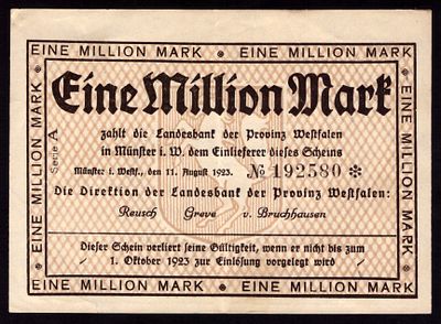 Germany Westfalen 1 Million Mark 1923. Grab-WFA-12; AU