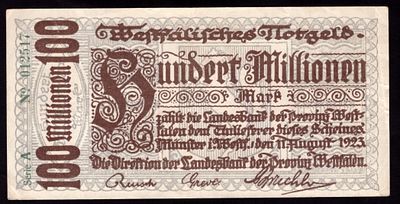 Germany Westfalen 100 Millionen Mark 1923. Grab-WFA-19; XF