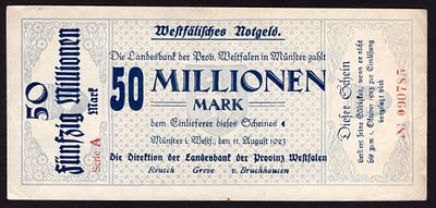 Germany Westfalen 50 Millionen Mark 1923. Grab-WFA-18; AU