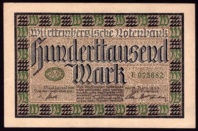 Germany Wurttemberg 100.000 Mark 1923. Grab-WTB-16; AU