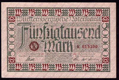 Germany Wurttemberg 50.000 Mark 1923. Grab-WTB-14; AU