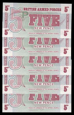 Great Britain 5 Pence 1972. 5 pcs. P-M47; British Armed Forces 6rd Series; UNC