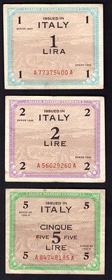 Italy 1, 2, 5 Lire 1943. 3 pcs. P-M19, M20, M27; VF/XF