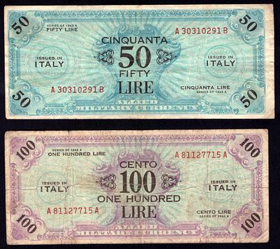 Italy 50, 100 Lire 1943-A. 2 pcs. P-M28, M29; F/VF