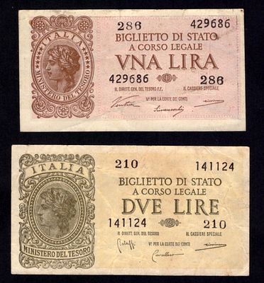 Italy 1, 2 Lire 1944. 2 pcs. P-29, 30; VF-AU