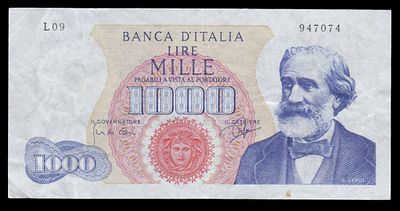 Italy 1000 Lire 1962. P-96a; S/N L09 947074; Signatures: Carli = Ripa; VF