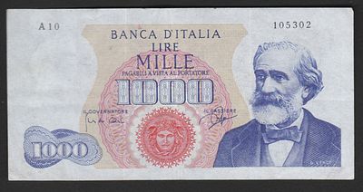 Italy 1000 Lire 1962. P-96a; S/N A10 105302; 14.07.1962; Signatures: Carli & Ripa; VF