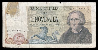 Italy 5000 Lire 1977. P-102c; S/N EA 018853 U; G