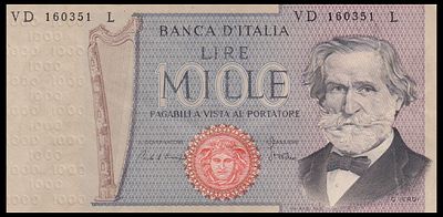 Italy 1000 Lire 1980. P-101g; S/N VD 160351 L; VF/XF