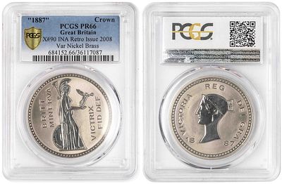 בריטניה הגדולה קראון 1887. X-90; PCGS PR 66; פליז ניקל; הנפקת רטרו 2008