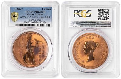 בריטניה הגדולה קראון 1887. X-90; PCGS PR 67 RD; נחושת; הנפקת רטרו 2008
