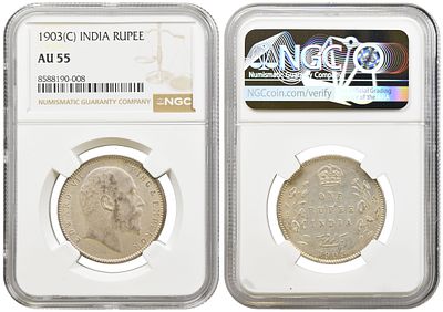 British India 1 Rupee 1903 C. NGC AU 55. KM-508, Pr-189, SW-7.15; King Edward VII (1901-1910); 
