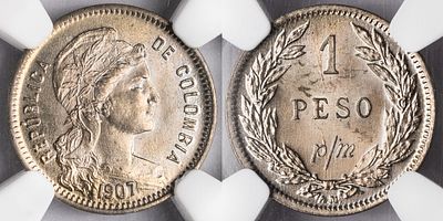 Colombia 1 Peso 1907 AM. NGC MS 66. KM-A279; Copper-Nickel, 2.00 g, 17 mm; Mintage: 2.860.000; 