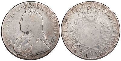 France ECU 1726-C. KM-486.5; Louis XV; Silver (.917), 28.30 g; Mintage: 1.277.000; F