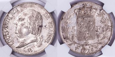 France 5 Francs 1824-W. NGC AU58. KM-711.13; Louis XVIII; Silver (.900), 25.00 g; Mint: Lille; 