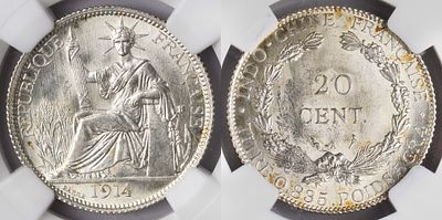 French Indochina 20 Centimes 1914 A. NGC MS 64. KM-10; Silver (.900), 5.40 g, 23 mm; Paris Mint 