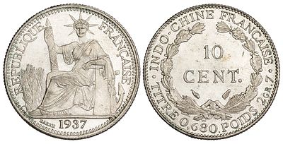 French Indo-China 10 Cents 1937-A. KM-16.2; Silver (.680), 2.72 g; Mintage: 25.000.000; UNC