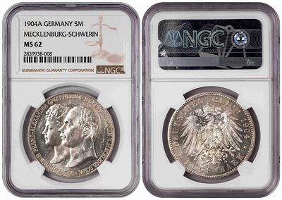 Germany Grand Duchy of Mecklenburg-Schwerin 5 Mark 1904 A. NGC MS 62. KM-324, Dav-645; Grand 