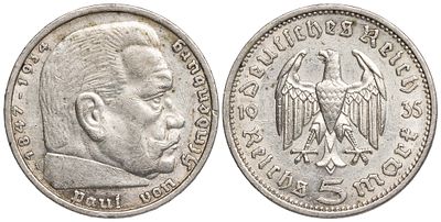 Germany 5 Reichsmark 1935-A. KM-86; Silver (.900), 13.87 g; Mint: A; Mintage: 30.611.000; XF