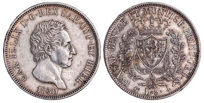 Italy 5 Lire 1830-P. KM-106.2; Kingdom of Sardinia; Charles Felix (1821–1831); Silver (.900) 