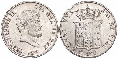 Italy Napoli 120 Grana 1856. KM-372; Ferdinand II; Silver (.833), 27.53 g; Mintage: 1.283.000; 