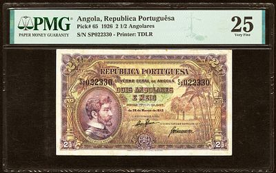 Angola Republica Portuguesa 2&frac12; Angolares 1926. PMG 25. P-65; S/N SP022330; Printer: TDLR; Very Fine