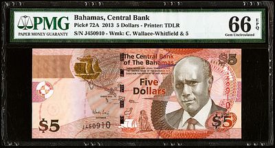 Bahamas 5 Dollars 2013. PMG 66 EPQ. P-72A; S/N J450910; Printer: TDLR; Wmk: C. Wallace-Whitfield 