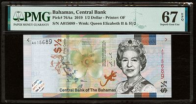 Bahamas &frac12; Dollar 2019. PMG 67 EPQ. P-76Aa; S/N A015689; Printer: OF; Wmk: Queen Elizabeth II & 