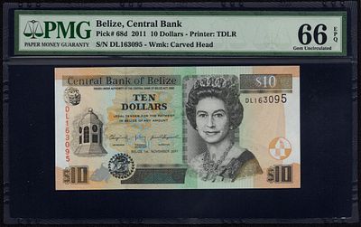 Belize 10 Dollars 2011. PMG 66 EPQ. P-68d; S/N DL163095; Printer: TDLR; Wmk: Carved Head; Gem 