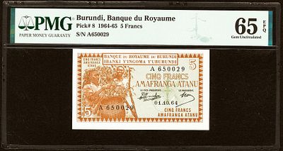Burundi 5 Francs 1964-65. PMG 65 EPQ. P-8; S/N A650029; Gem Uncirculated