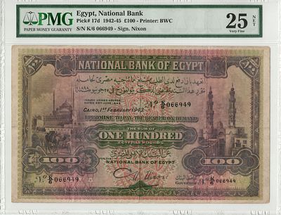 Egypt National Bank 1943. PMG 25 NET. P-17d; S/N K/6 066949; Sign. Nixon; VF