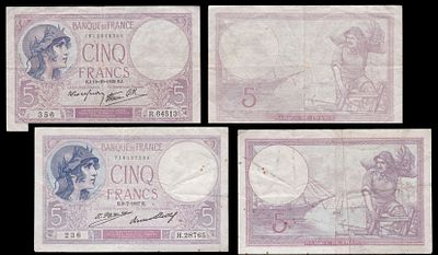 France 2x5 Francs 1927, 1939. 2 pcs. P-72d, F-03/11, 83a, F-04/12; S/N 719107236, S/N 