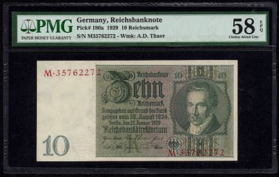 Germany 10 Reichsmark 1929. PMG 58 EPQ. P-180a; S/N M35762272; Wmk: A.D. Thaer; Choice About 