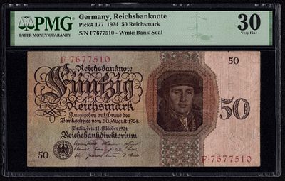 Germany 50 Reichsmark 1924. PMG 30. P-177; S/N F7677510; Wmk: Bank Seal; Very Fine