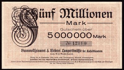 Germany 5.000.000 Mark 1923. Baumwollspinnerei & Weberei Lampertsmuhle Kaiserslautern; Pfalz; XF
