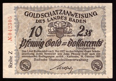 Germany Baden 10 Pfennig Gold = 2.38 Dollarcents 1923. Grab-BAD-17a; S/N Z 042305; XF