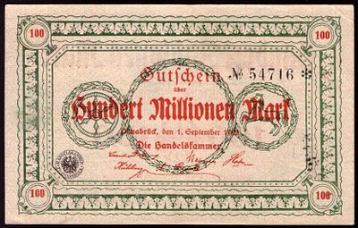Germany Osnabruck 100 Millionen Mark 1923. S/N 54716*; AU