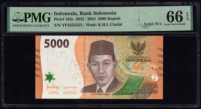 Indonesia 5000 Rupiah 2022/2024. PMG 66 EPQ. P-164c; S/N YFS555555; Wmk: K.H.I. Chalid; Solid 