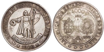 Brazil 4000 Reis 1900. Replica Coin.