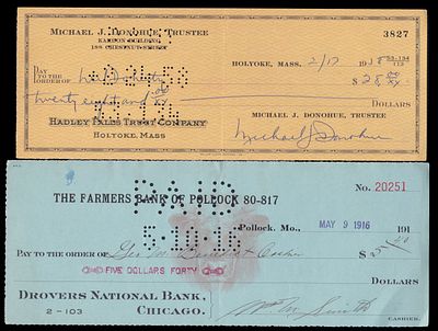 המחאה בנקאית Hadley Falls Trust Company 28, 5,40 Dollars 1916-58. 2 pcs. XF