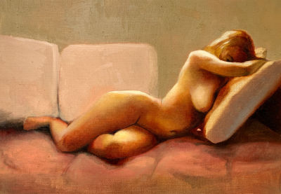 רוני יפה - ׳׳ערום. שוכבת.׳׳ 2022. ציור ממודל בסטודיו 
שמן על בד 
31/22 ס׳׳מ 
חתום 
