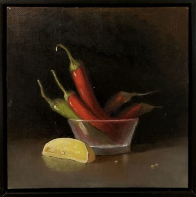 רוני יפה - ׳׳חריף וחמוץ׳׳ 2022. שמן על בד ממוסגר 
15/15 ס׳׳מ 
חתום 
רוני יפה (1985), חיה 