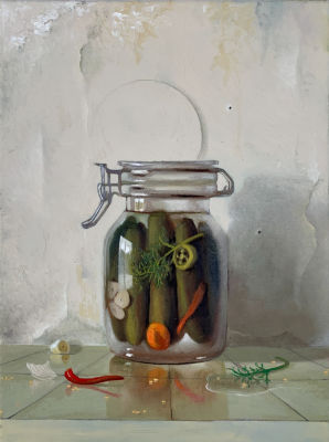 רוני יפה - ׳׳מלפפונים חמוצים וקיר מתקלף׳׳ 2022. ׳׳הרעיון בציור הוא להראות מצד אחד את הנזק שהזמן 