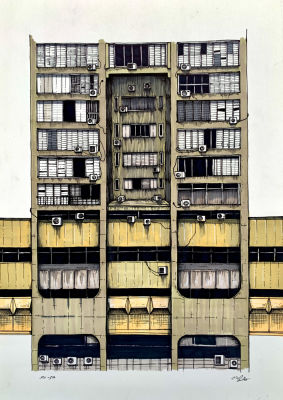 טל שטח - ׳׳הבניין המכוער בעולם (בת ים)׳׳ 2023. דיו ואקוורל על נייר ממוסגר 
30/21 ס׳׳מ 
חתום 
קוקו 